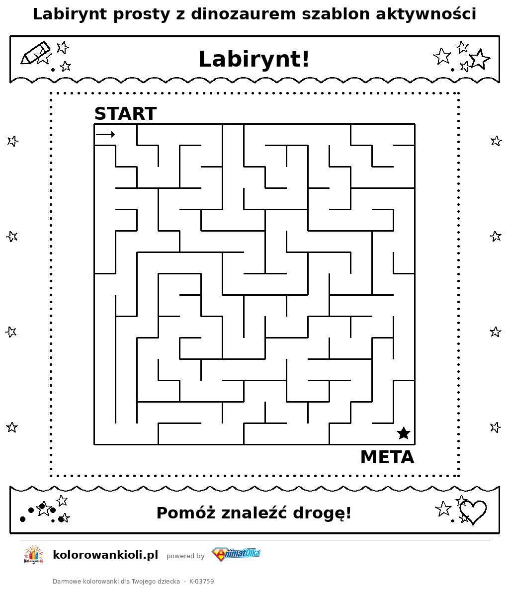 Kolorowanka — Labirynt prosty z dinozaurem szablon aktywności