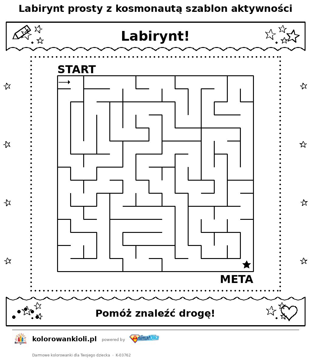 Kolorowanka — Labirynt prosty z kosmonautą szablon aktywności