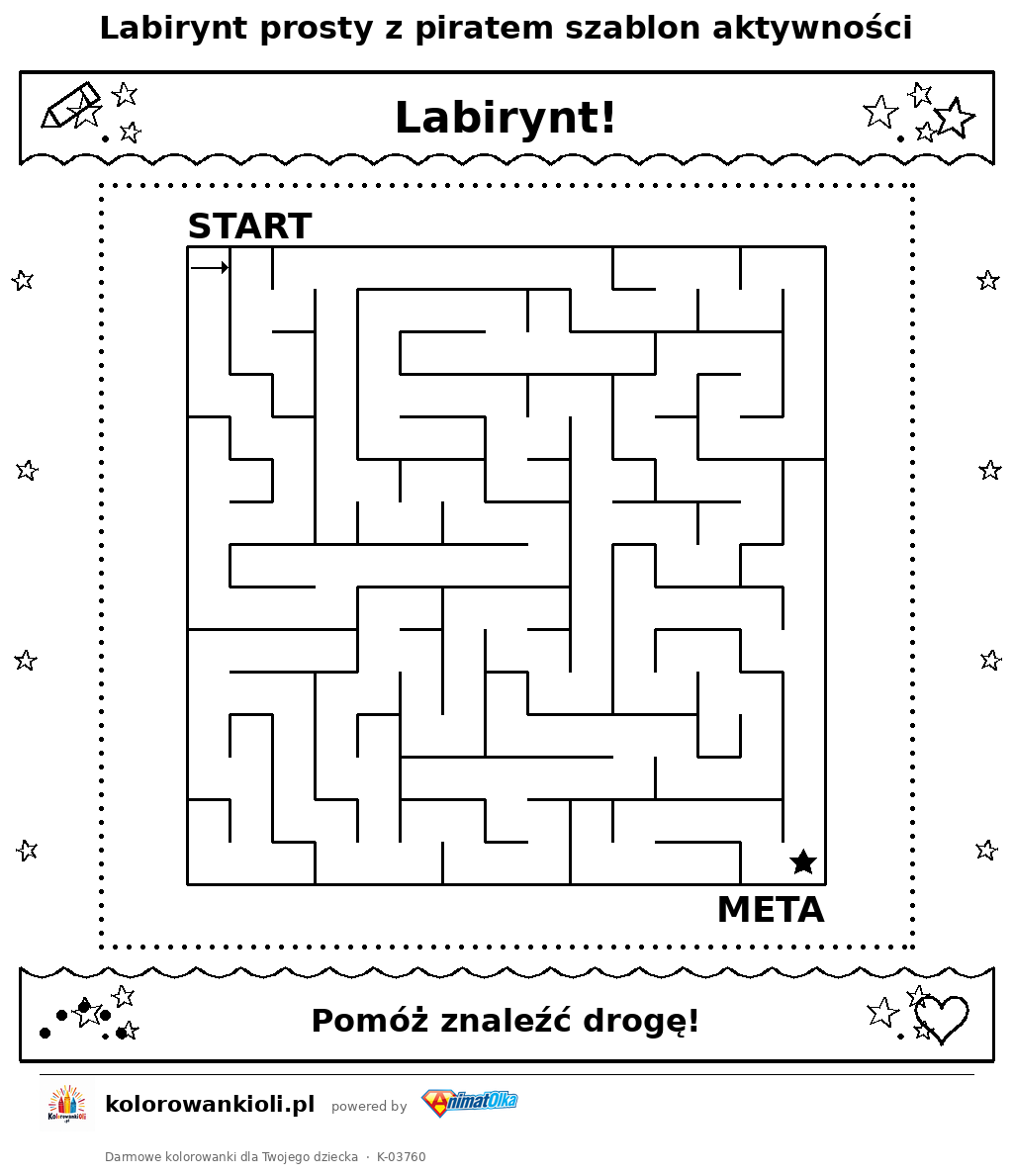 Kolorowanka — Labirynt prosty z piratem szablon aktywności