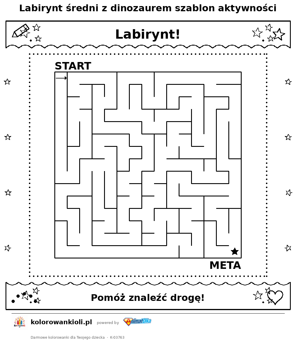 Kolorowanka — Labirynt średni z dinozaurem szablon aktywności