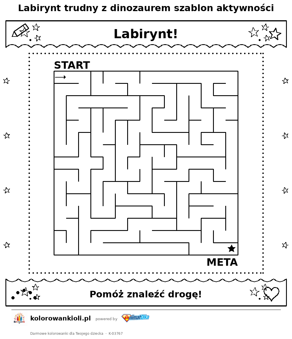 Kolorowanka — Labirynt trudny z dinozaurem szablon aktywności