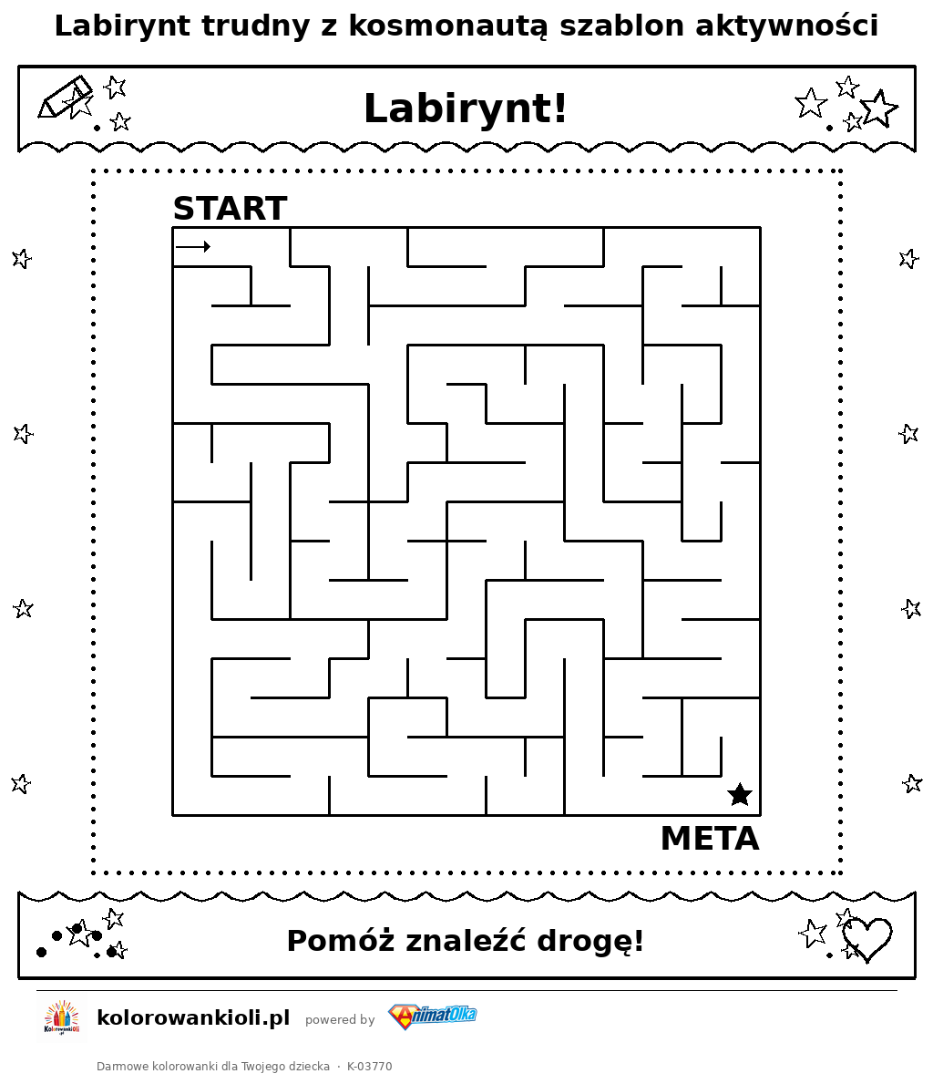 Kolorowanka — Labirynt trudny z kosmonautą szablon aktywności