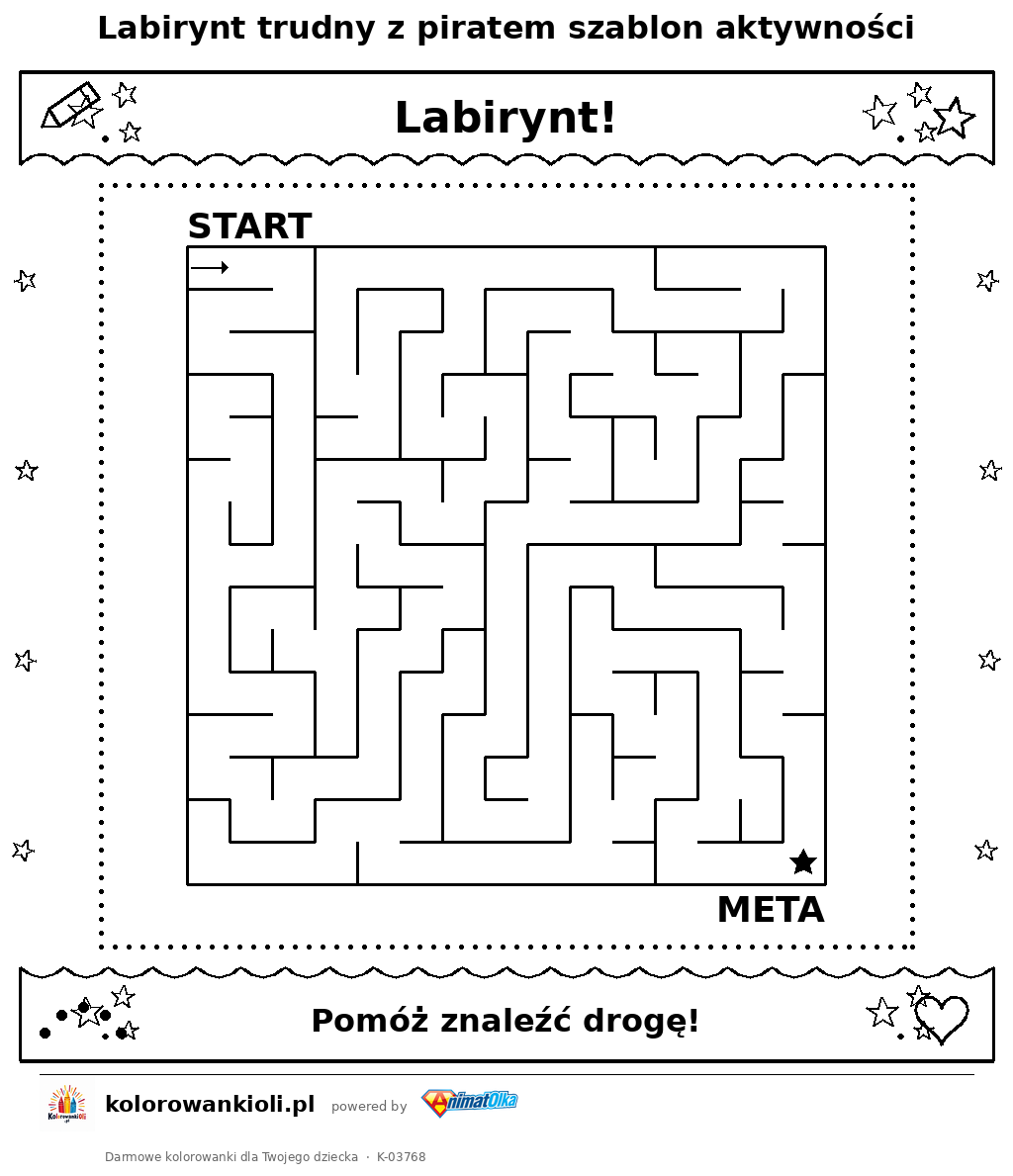 Kolorowanka — Labirynt trudny z piratem szablon aktywności