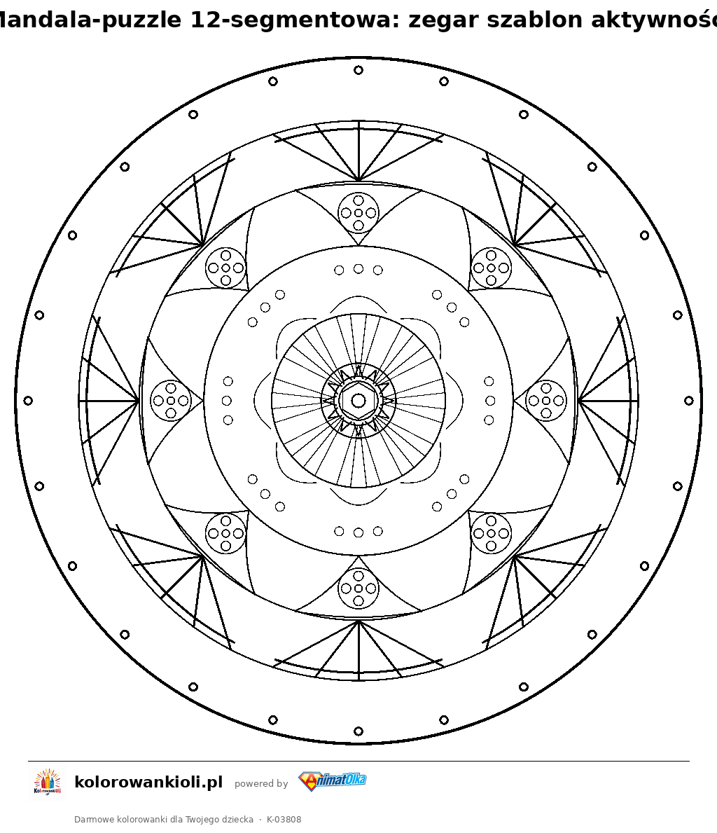Kolorowanka — Mandala-puzzle 12-segmentowa: zegar szablon aktywności