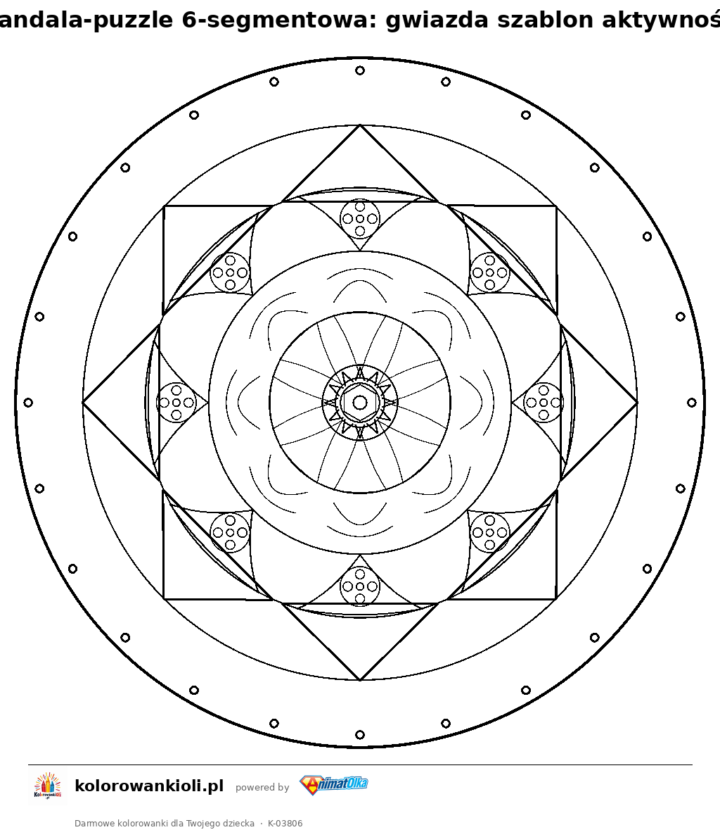 Kolorowanka — Mandala-puzzle 6-segmentowa: gwiazda szablon aktywności