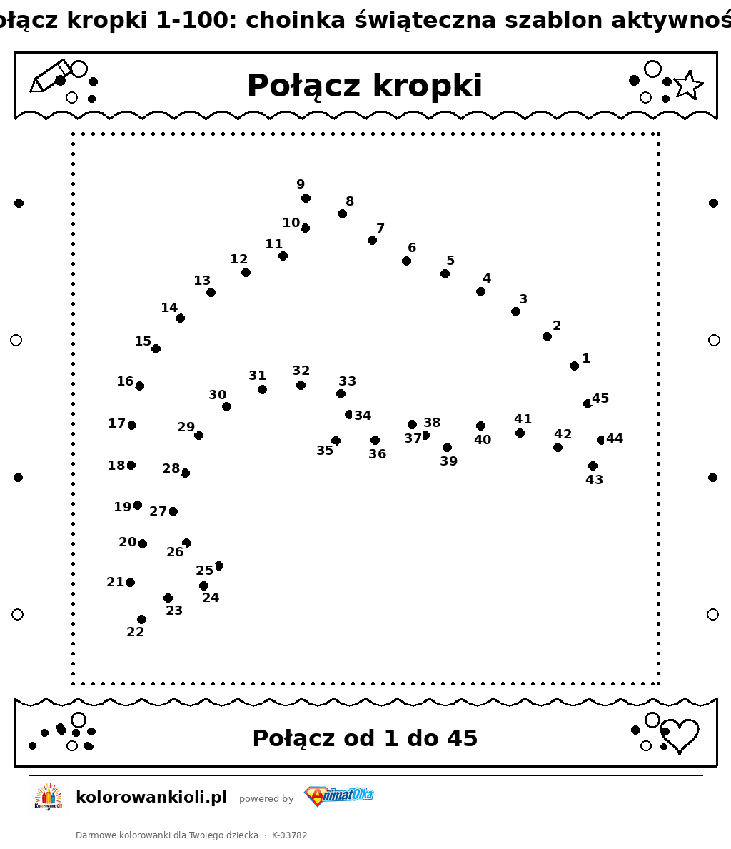 Kolorowanka — Połącz kropki 1-100: choinka świąteczna szablon aktywności