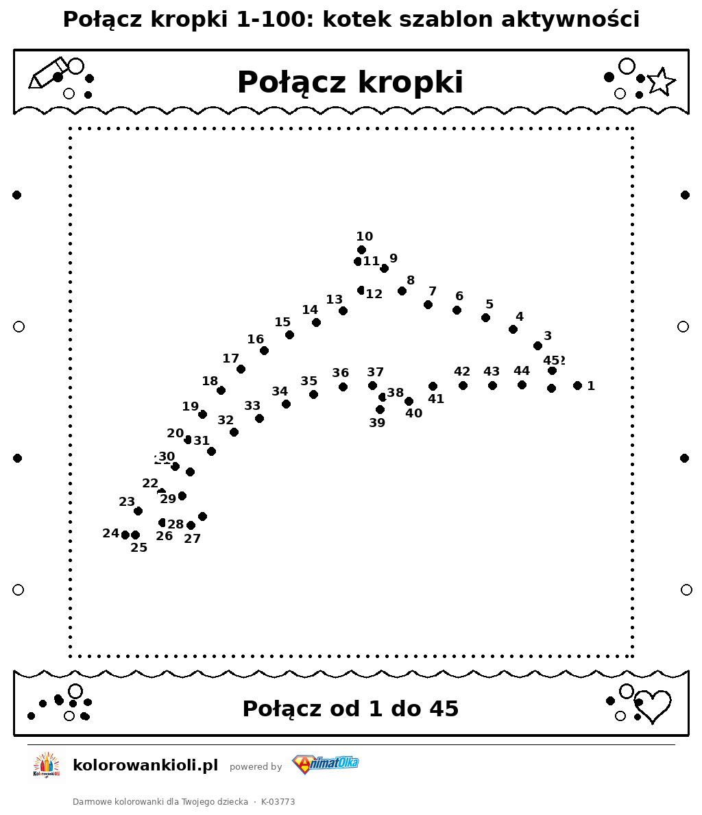 Kolorowanka — Połącz kropki 1-100: kotek szablon aktywności