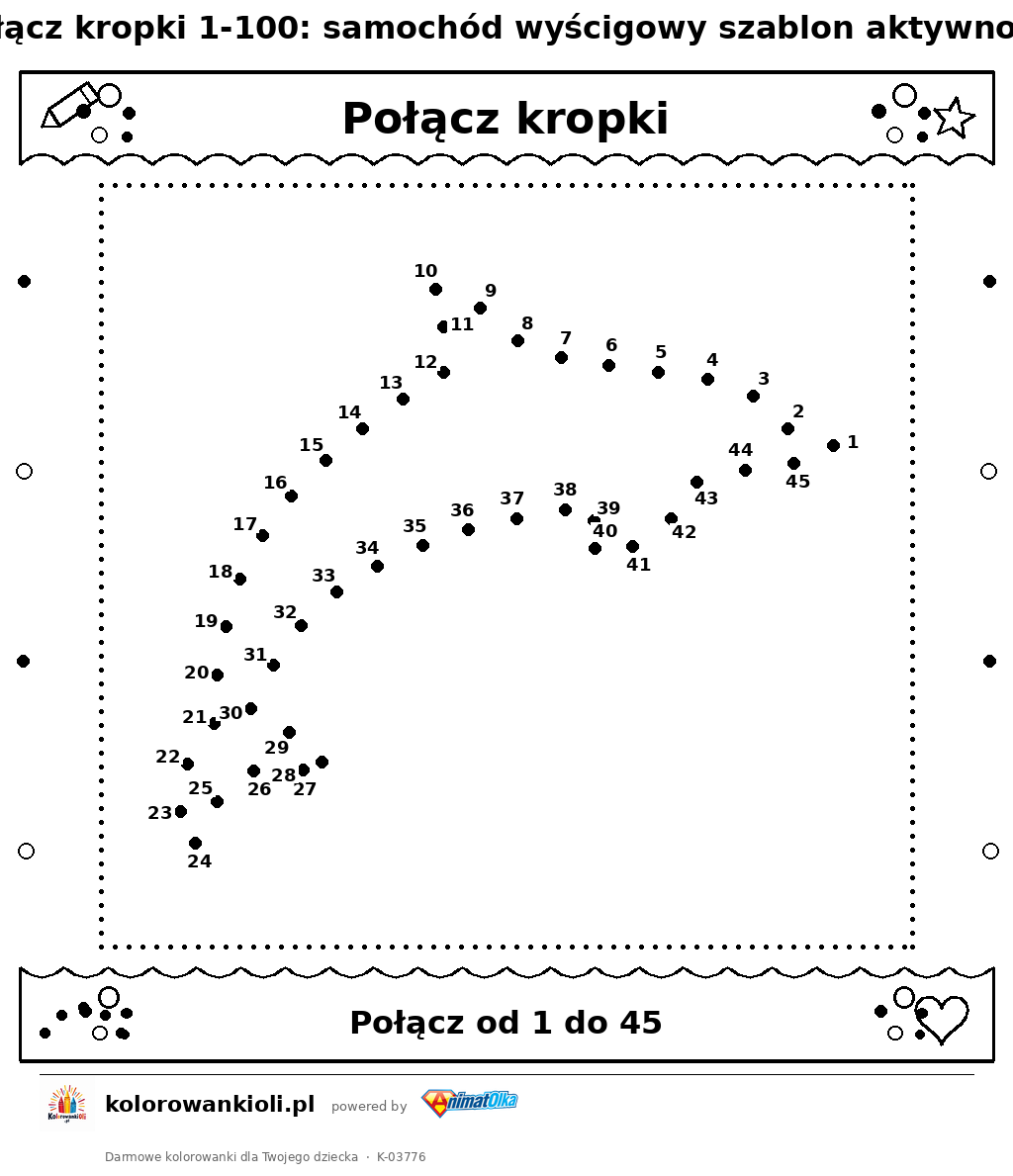 Kolorowanka — Połącz kropki 1-100: samochód wyścigowy szablon aktywności