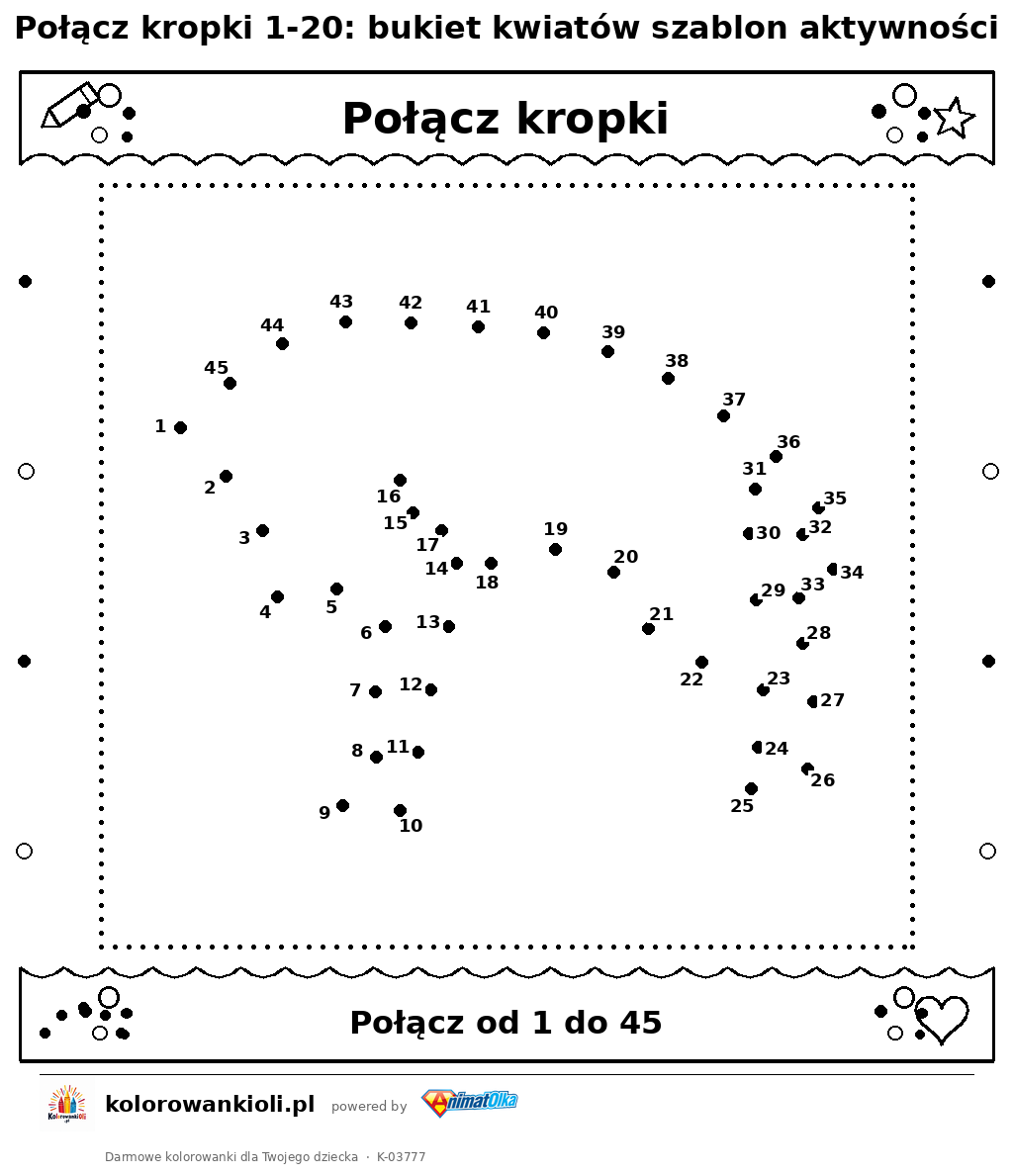 Kolorowanka — Połącz kropki 1-20: bukiet kwiatów szablon aktywności