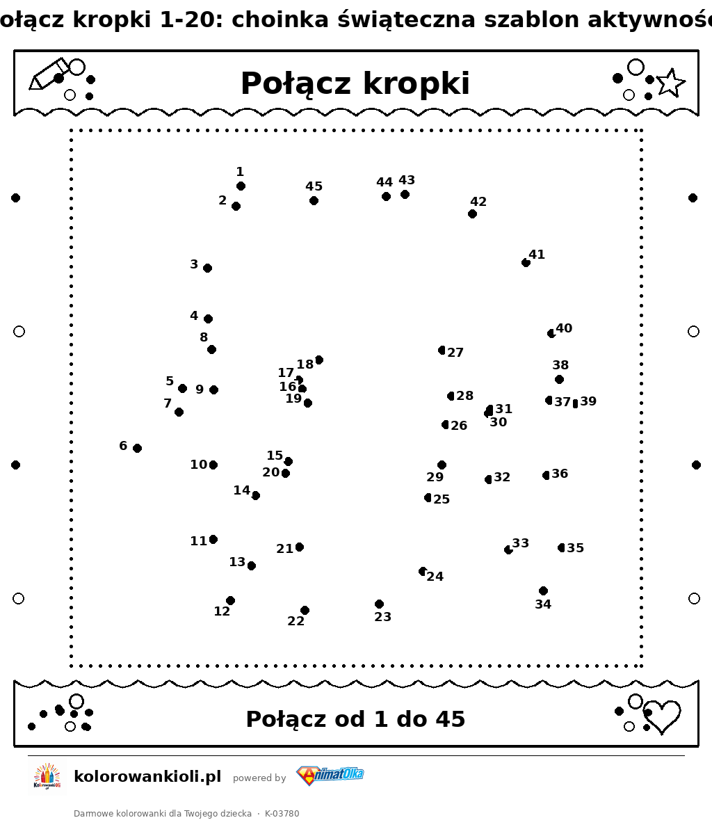 Kolorowanka — Połącz kropki 1-20: choinka świąteczna szablon aktywności