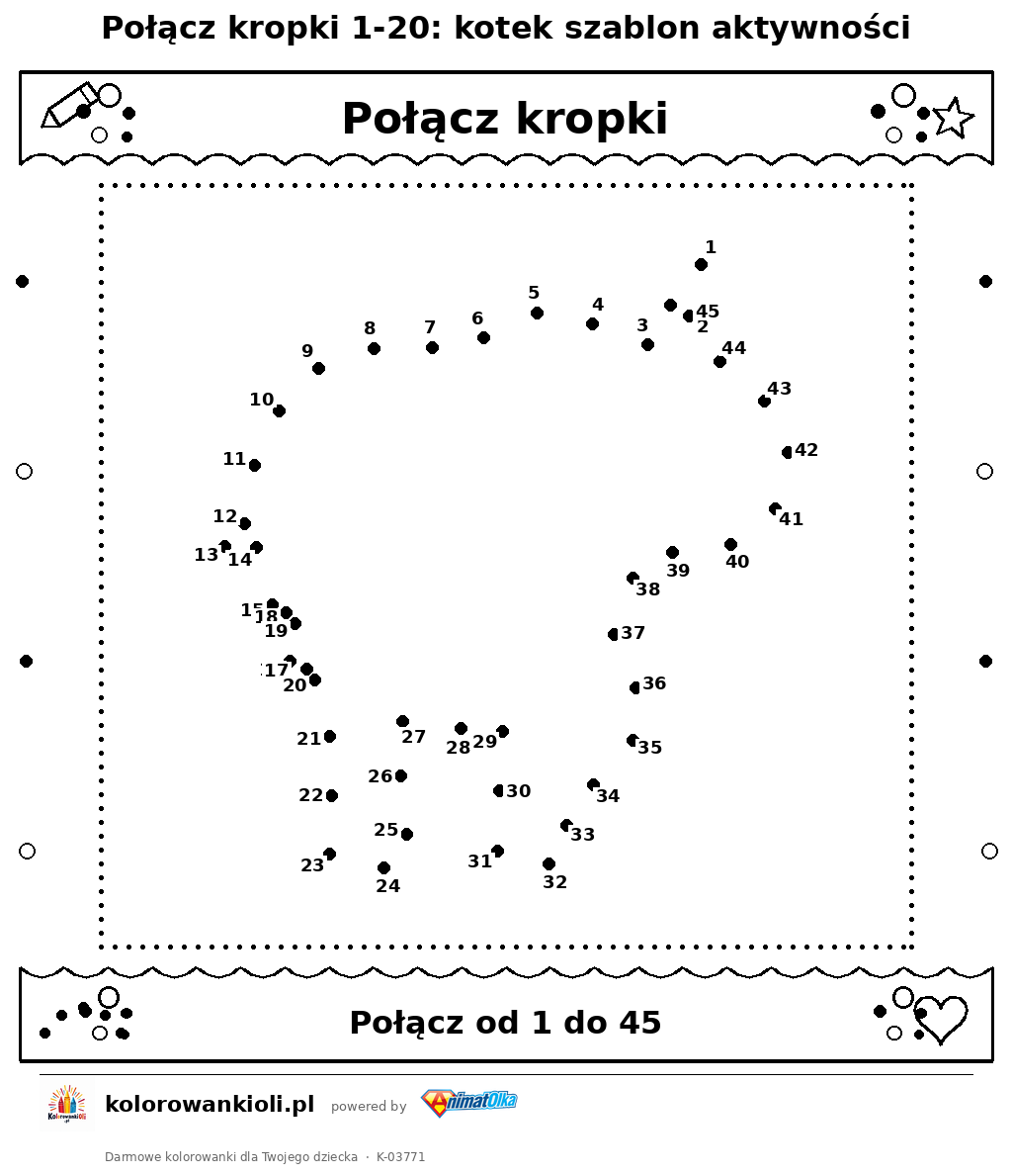 Kolorowanka — Połącz kropki 1-20: kotek szablon aktywności