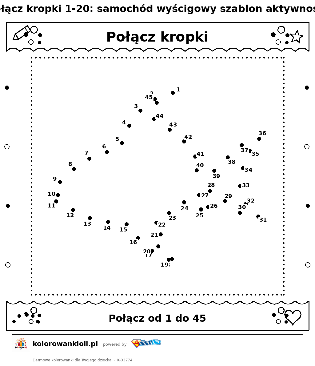 Kolorowanka — Połącz kropki 1-20: samochód wyścigowy szablon aktywności