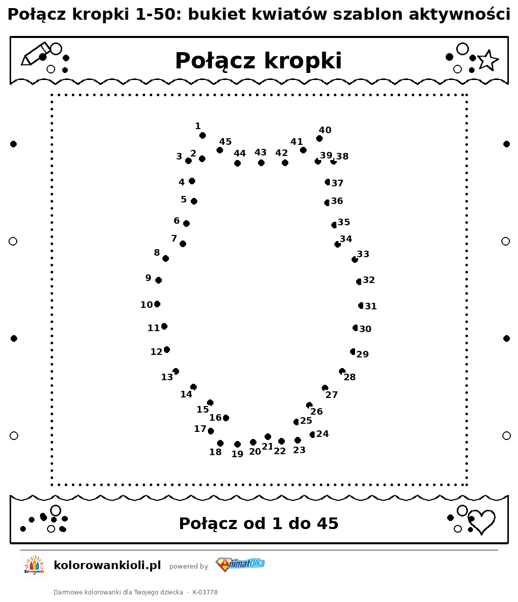 Kolorowanka — Połącz kropki 1-50: bukiet kwiatów szablon aktywności