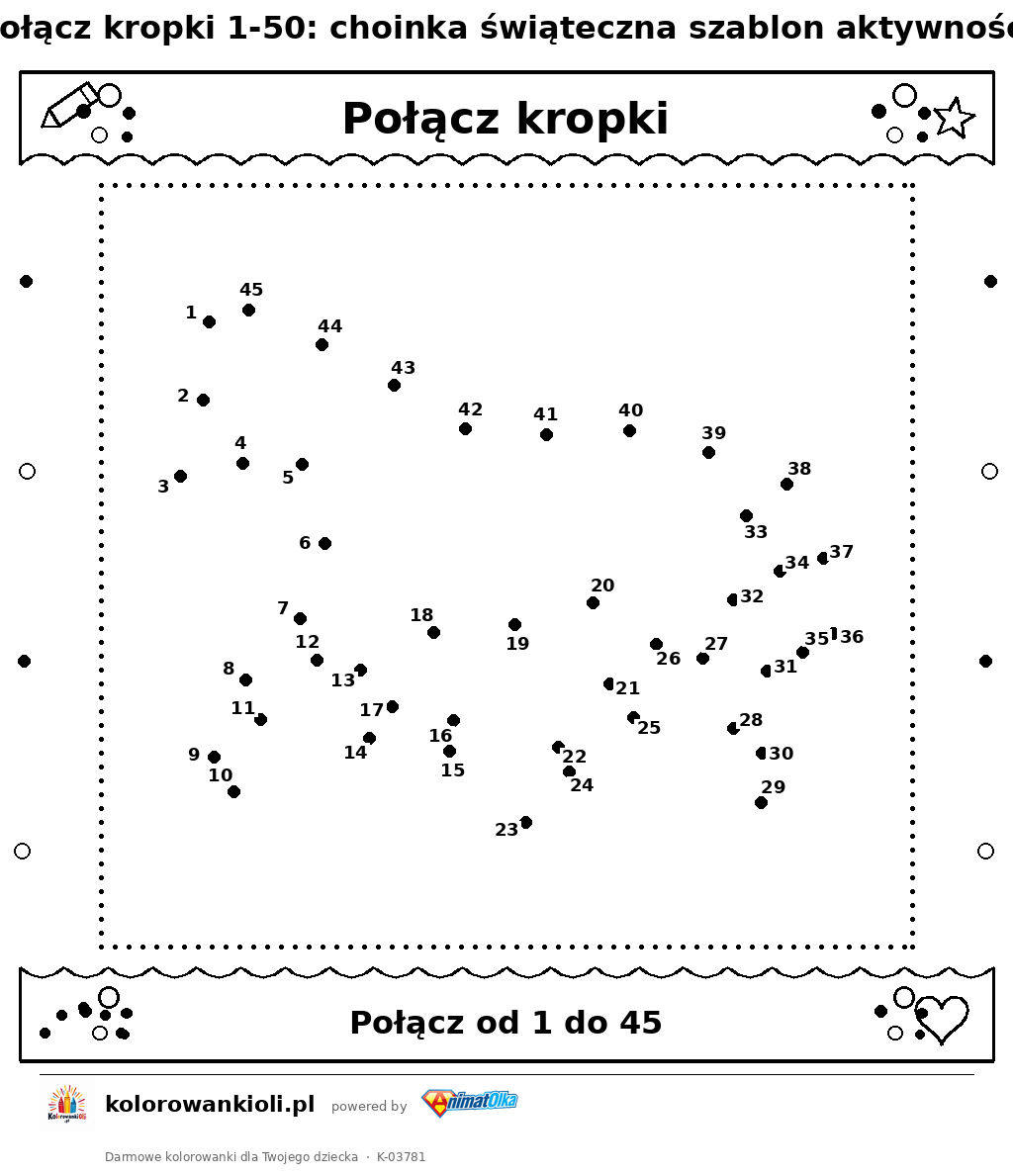 Kolorowanka — Połącz kropki 1-50: choinka świąteczna szablon aktywności