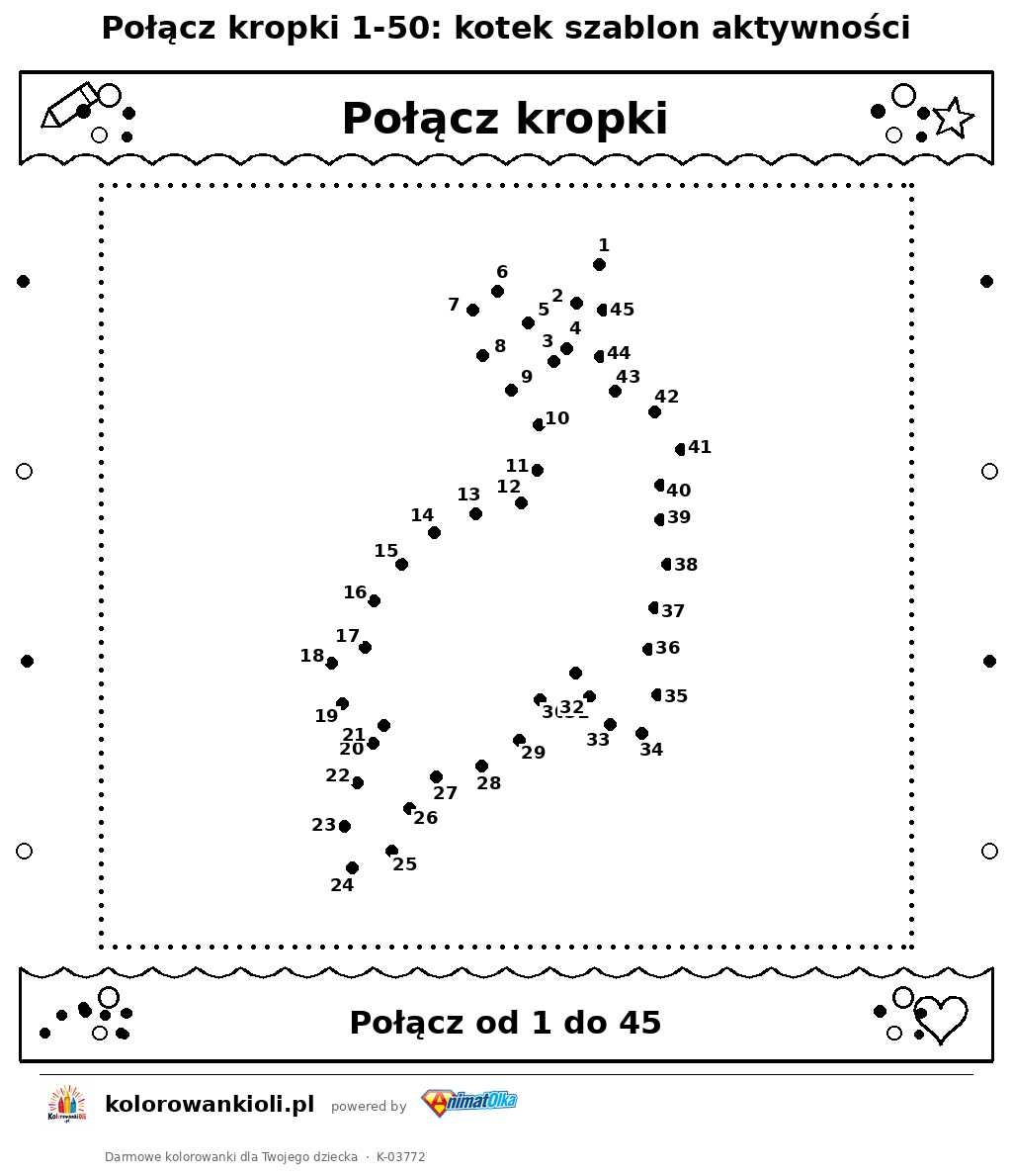 Kolorowanka — Połącz kropki 1-50: kotek szablon aktywności