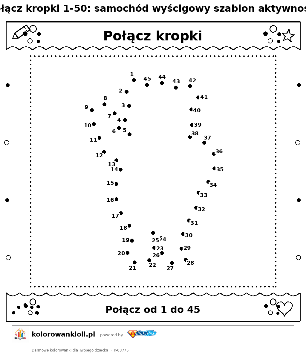 Kolorowanka — Połącz kropki 1-50: samochód wyścigowy szablon aktywności