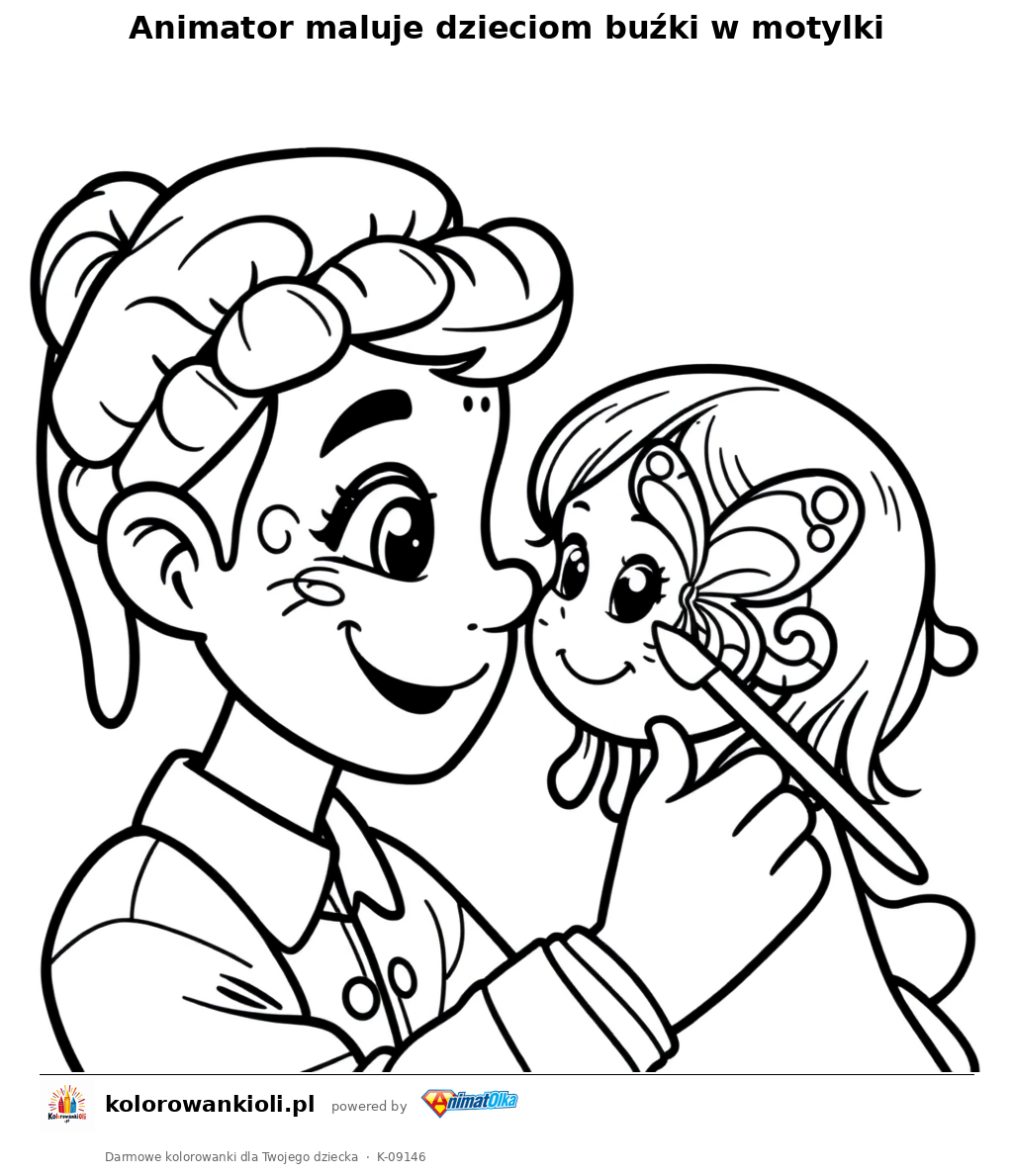 Animator maluje dzieciom buźki w motylki — kolorowanka do wydruku dla dzieci