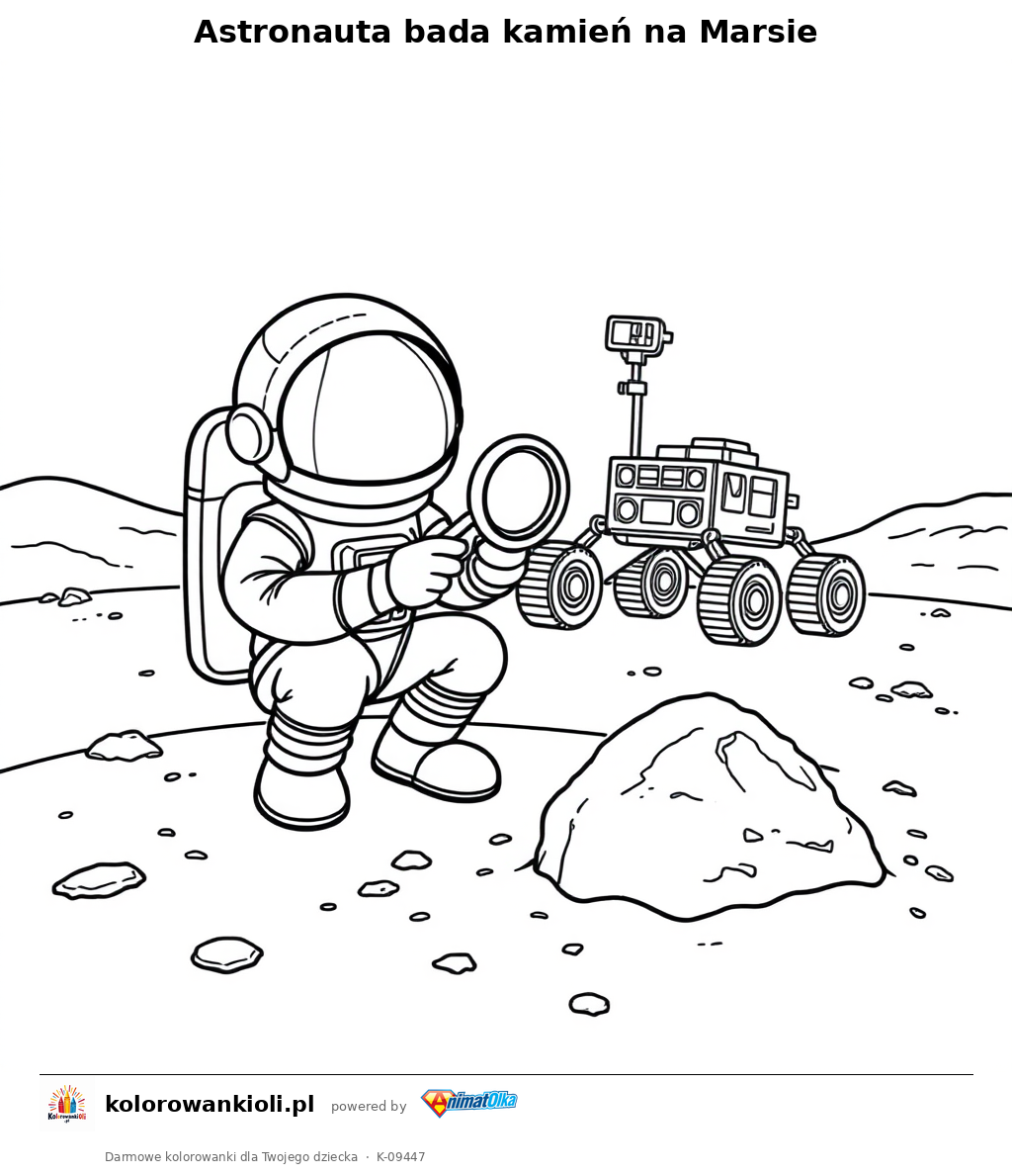 Astronauta bada kamień na Marsie — kolorowanka do wydruku dla dzieci