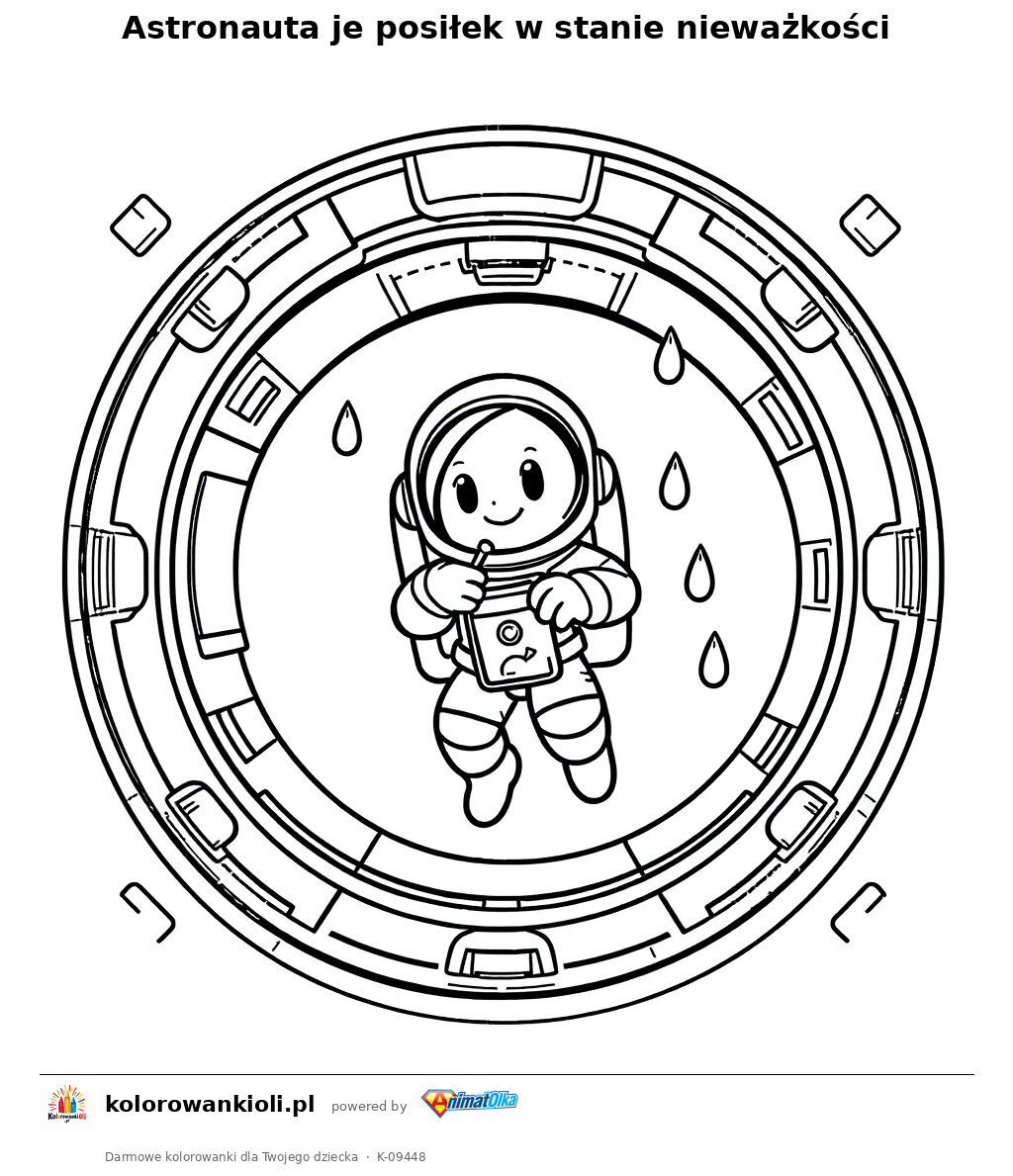 Astronauta je posiłek w stanie nieważkości — kolorowanka do wydruku dla dzieci