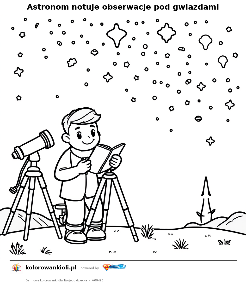 Astronom notuje obserwacje pod gwiazdami — kolorowanka do wydruku dla dzieci