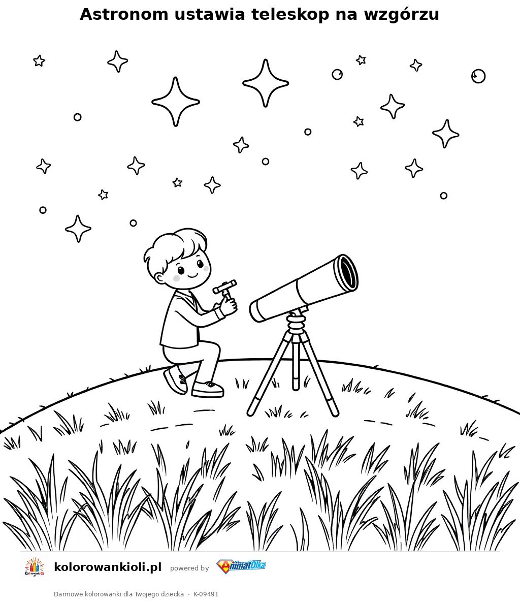 Astronom ustawia teleskop na wzgórzu — kolorowanka do wydruku dla dzieci