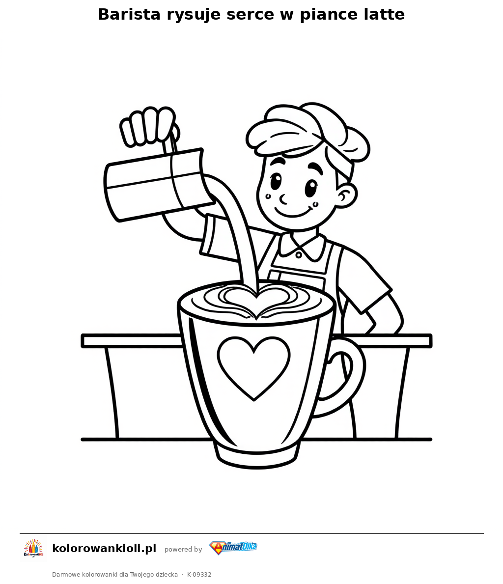 Barista rysuje serce w piance latte — kolorowanka do wydruku dla dzieci