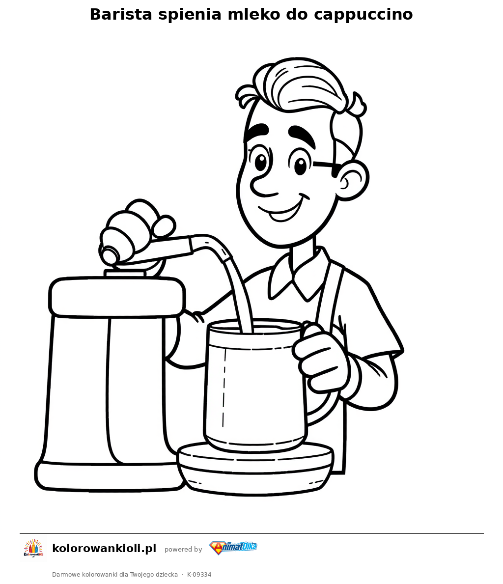 Barista spienia mleko do cappuccino — kolorowanka do wydruku dla dzieci