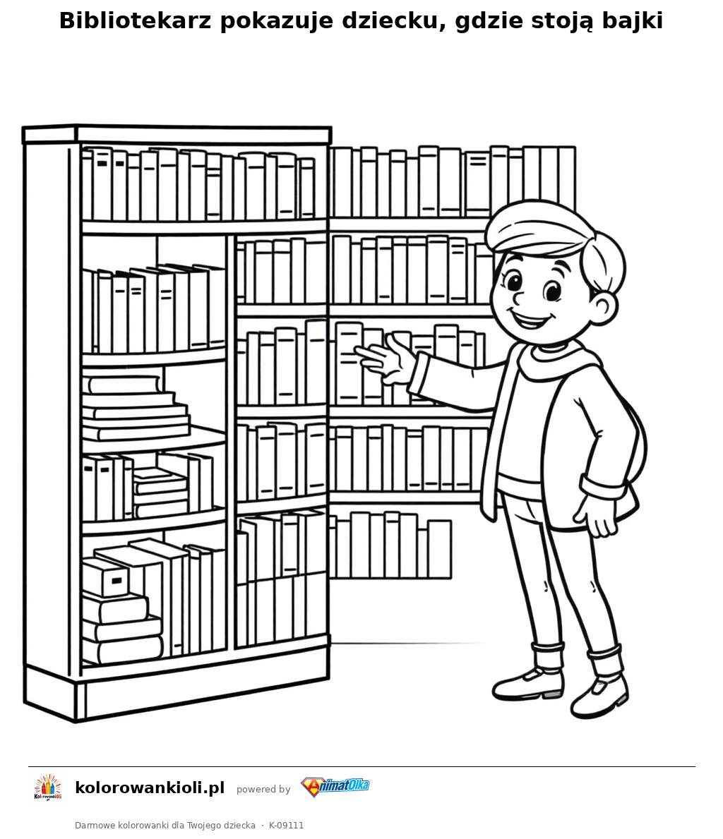 Bibliotekarz pokazuje dziecku, gdzie stoją bajki — kolorowanka do wydruku dla dzieci