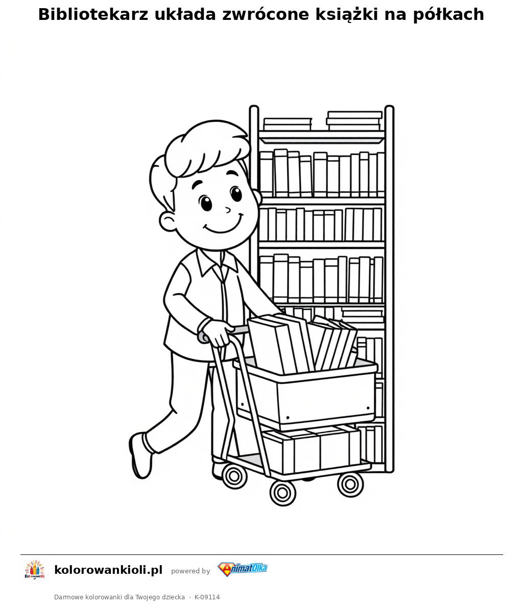 Bibliotekarz układa zwrócone książki na półkach — kolorowanka do wydruku dla dzieci