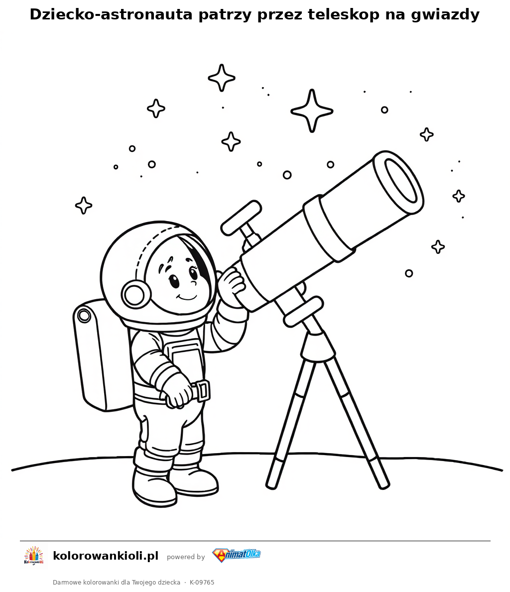 Dziecko-astronauta patrzy przez teleskop na gwiazdy — kolorowanka do wydruku dla dzieci