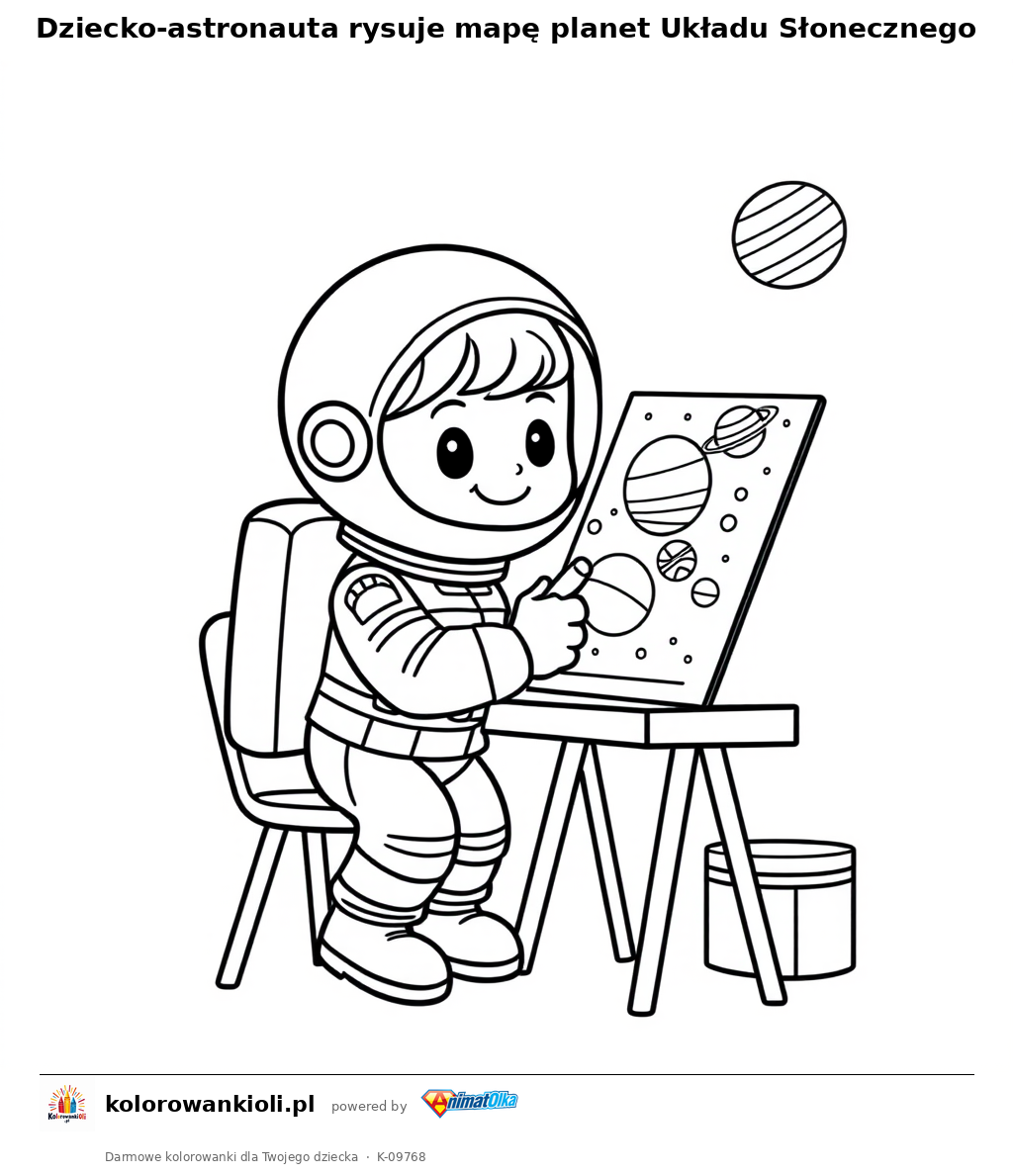 Dziecko-astronauta rysuje mape planet Ukladu Slonecznego — kolorowanka do wydruku dla dzieci
