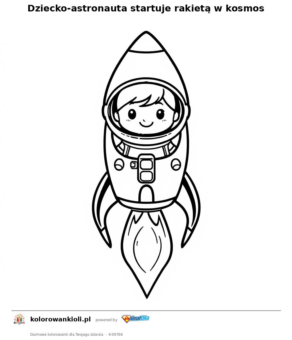 Dziecko-astronauta startuje rakieta w kosmos — kolorowanka do wydruku dla dzieci