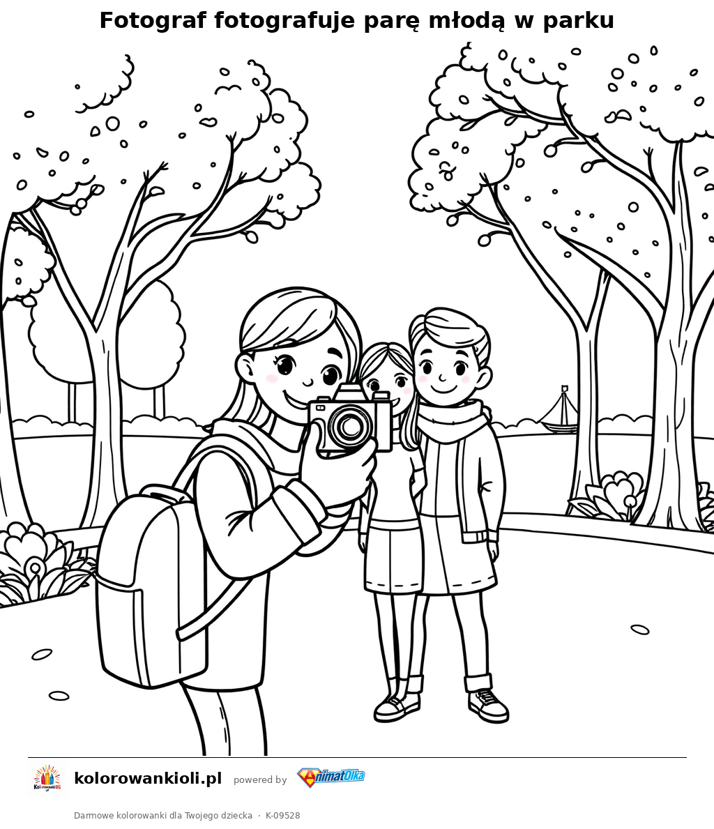 Fotograf fotografuje pare mloda w parku — kolorowanka do wydruku dla dzieci