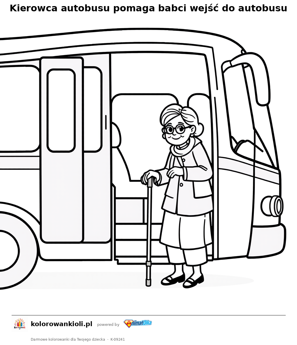 Kierowca autobusu pomaga babci wejść do autobusu — kolorowanka do wydruku dla dzieci