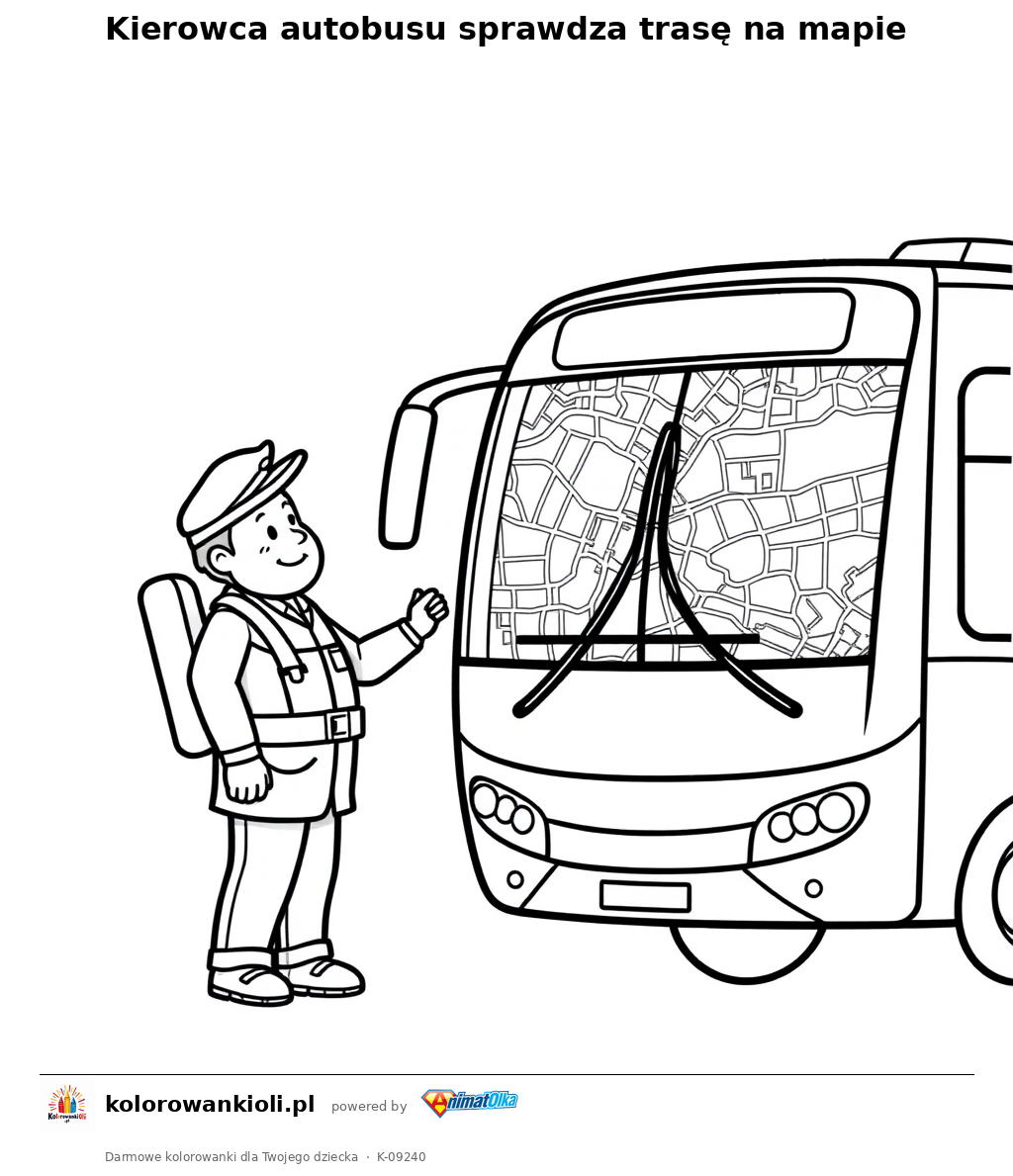 Kierowca autobusu sprawdza trasę na mapie — kolorowanka do wydruku dla dzieci