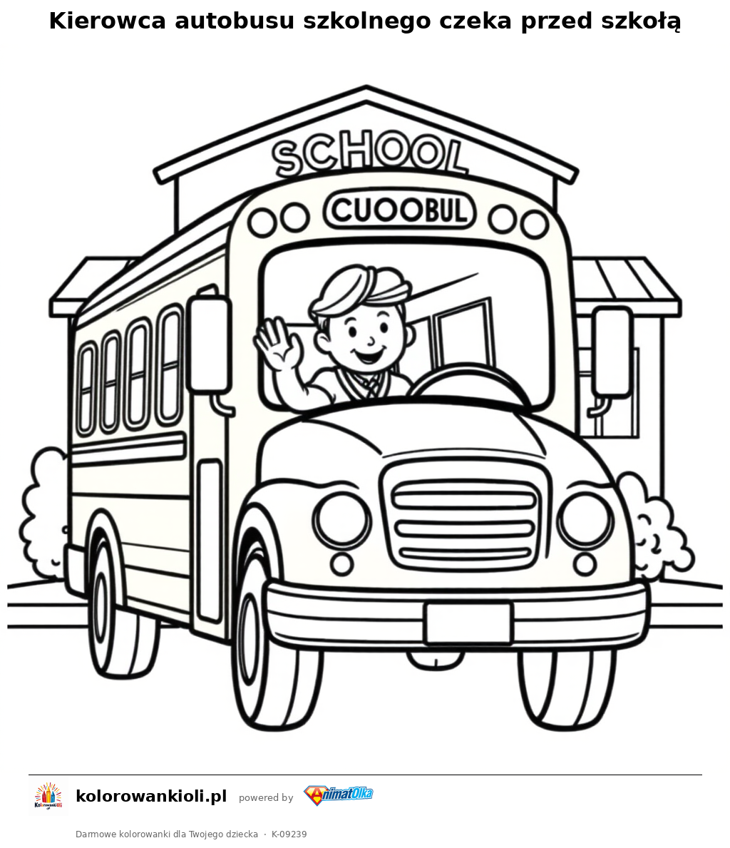 Kierowca autobusu szkolnego czeka przed szkołą — kolorowanka do wydruku dla dzieci