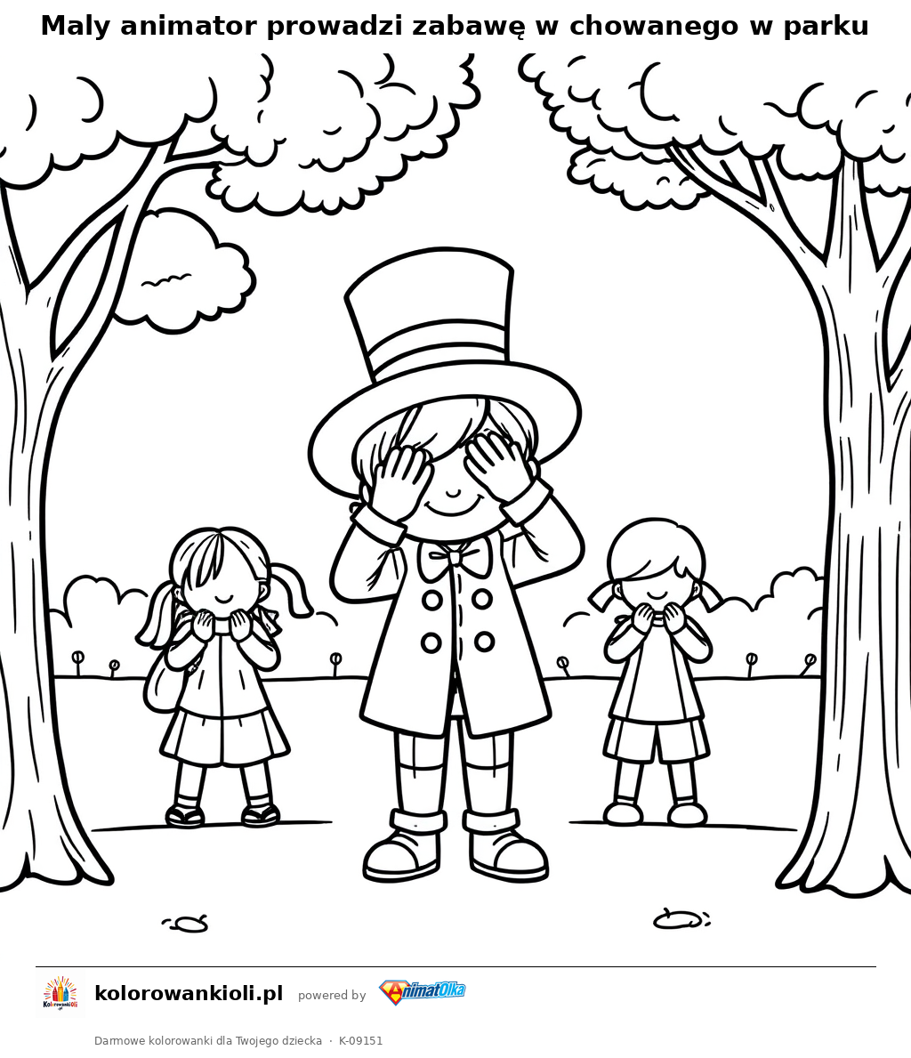 Maly animator prowadzi zabawę w chowanego w parku — kolorowanka do wydruku dla dzieci