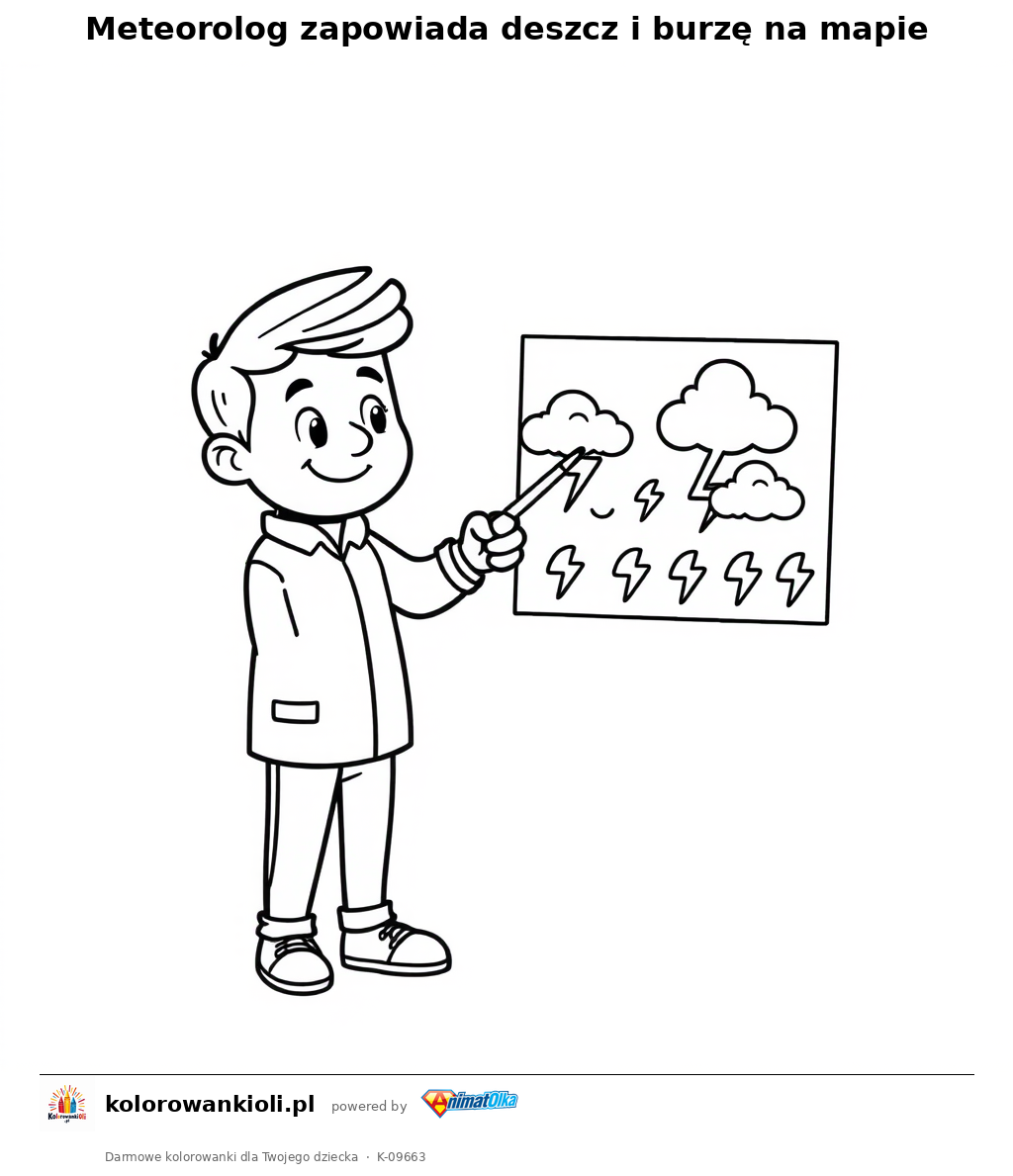 Meteorolog zapowiada deszcz i burzę na mapie — kolorowanka do wydruku dla dzieci