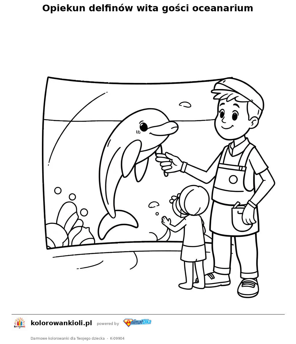 Opiekun delfinów wita gości oceanarium — kolorowanka do wydruku dla dzieci