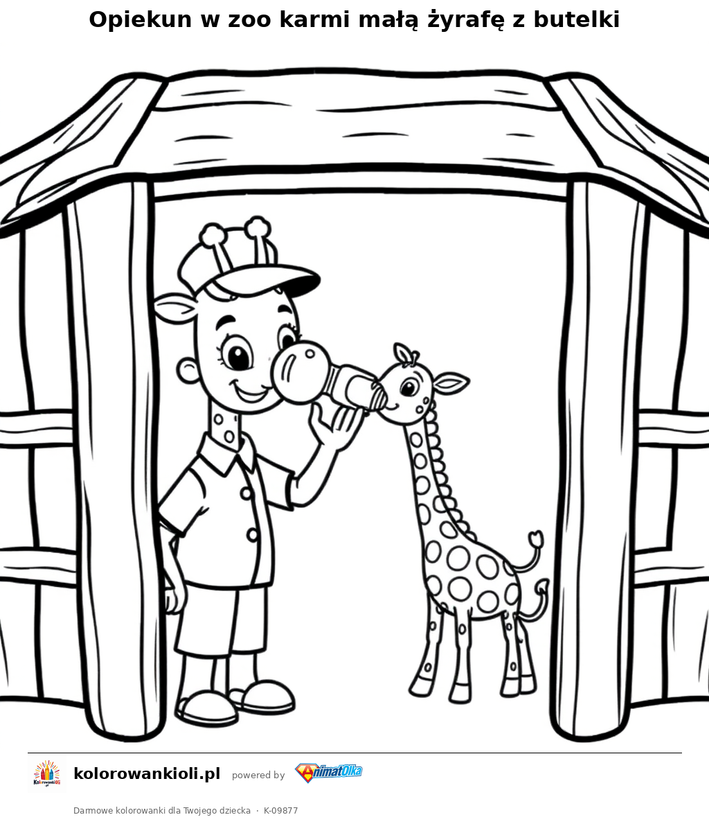 Opiekun w zoo karmi małą żyrafę z butelki — kolorowanka do wydruku dla dzieci