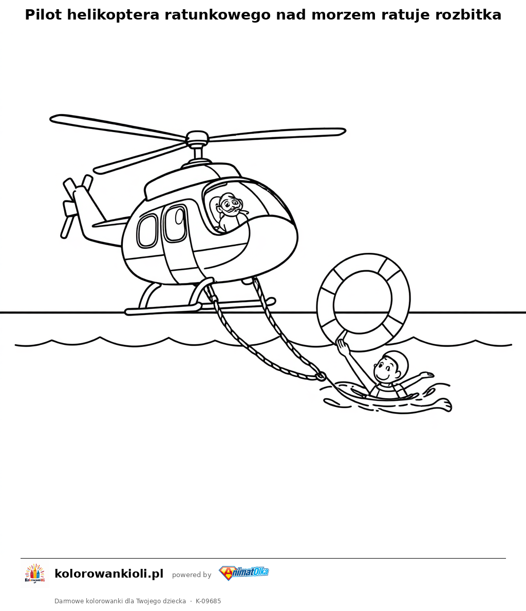 Pilot helikoptera ratunkowego nad morzem ratuje rozbitka — kolorowanka do wydruku dla dzieci