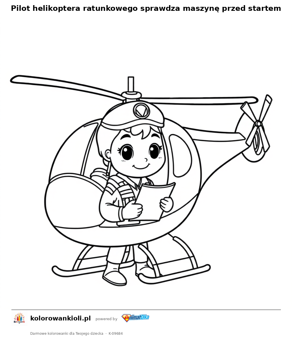 Pilot helikoptera ratunkowego sprawdza maszynę przed startem — kolorowanka do wydruku dla dzieci