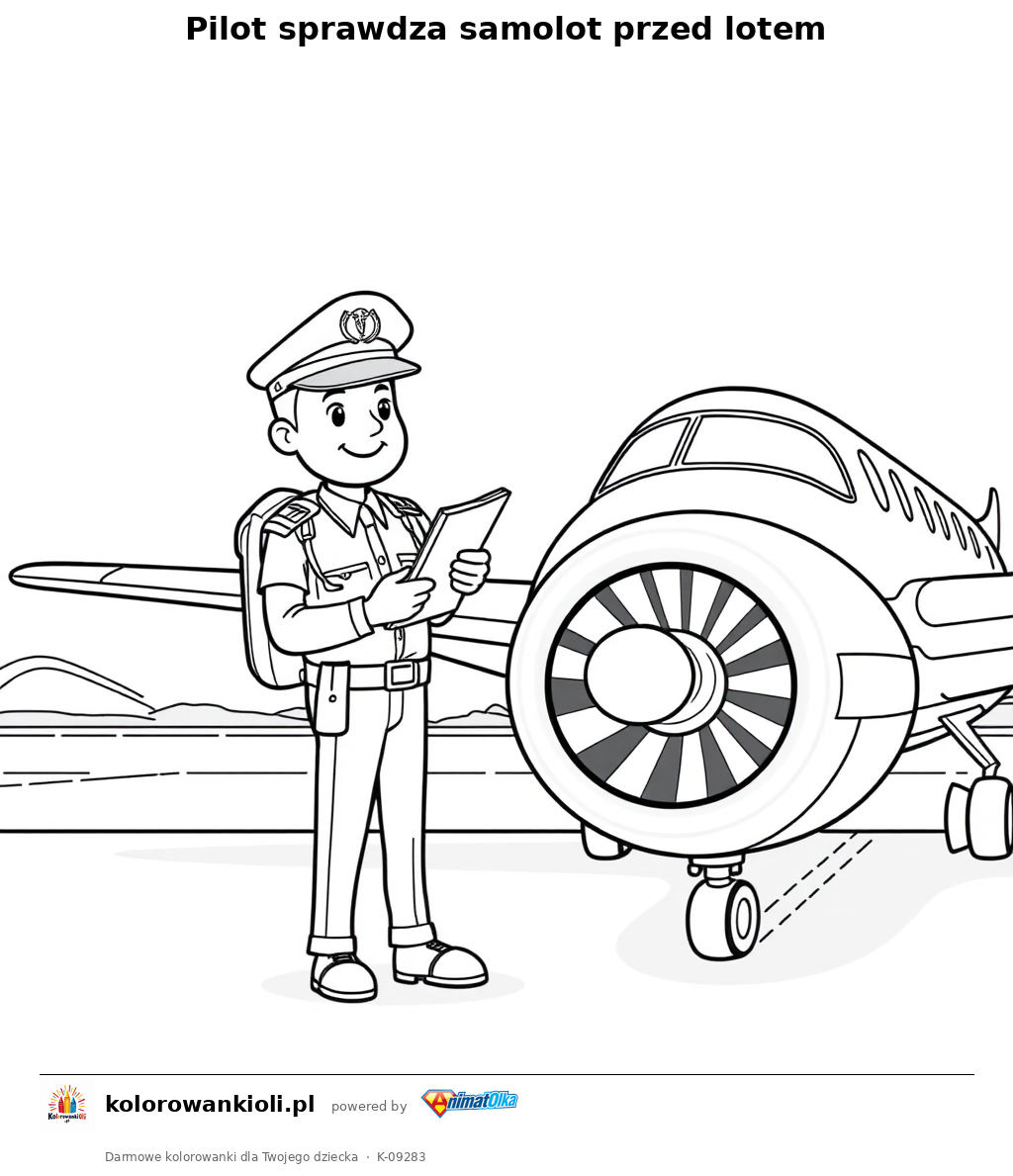 Pilot sprawdza samolot przed lotem — kolorowanka do wydruku dla dzieci