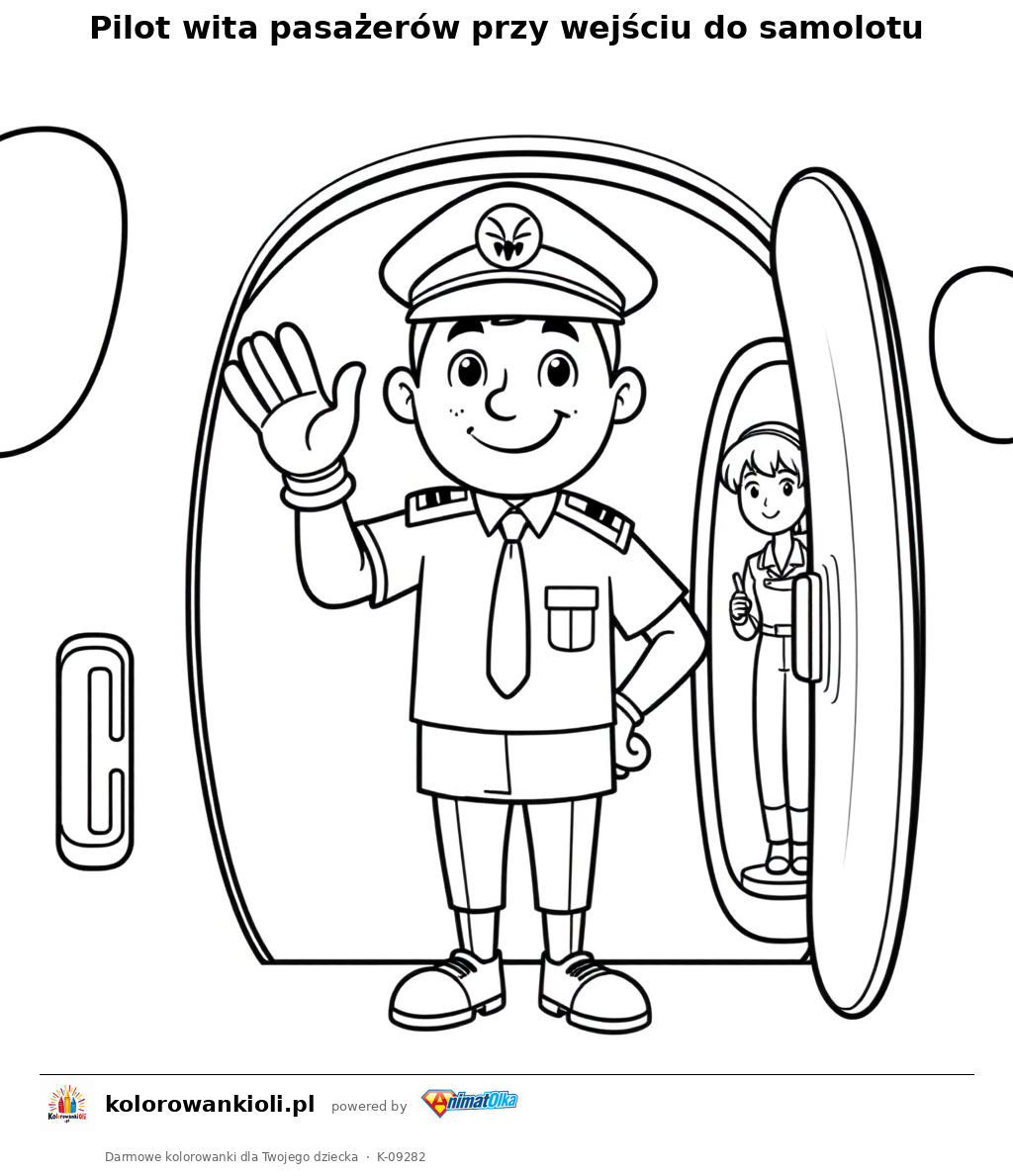 Pilot wita pasazerow przy wejsciu do samolotu — kolorowanka do wydruku dla dzieci