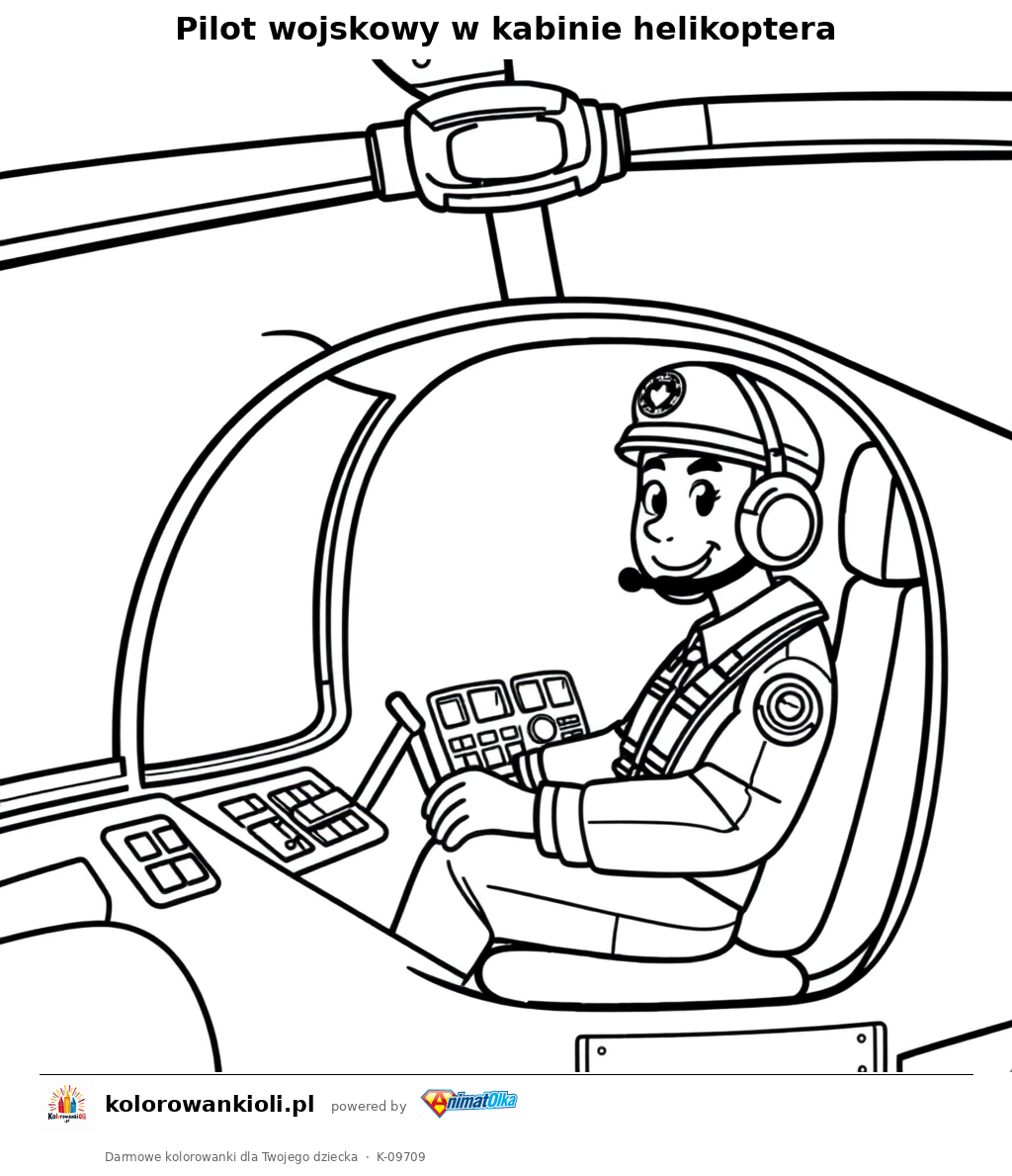 Pilot wojskowy w kabinie helikoptera — kolorowanka do wydruku dla dzieci