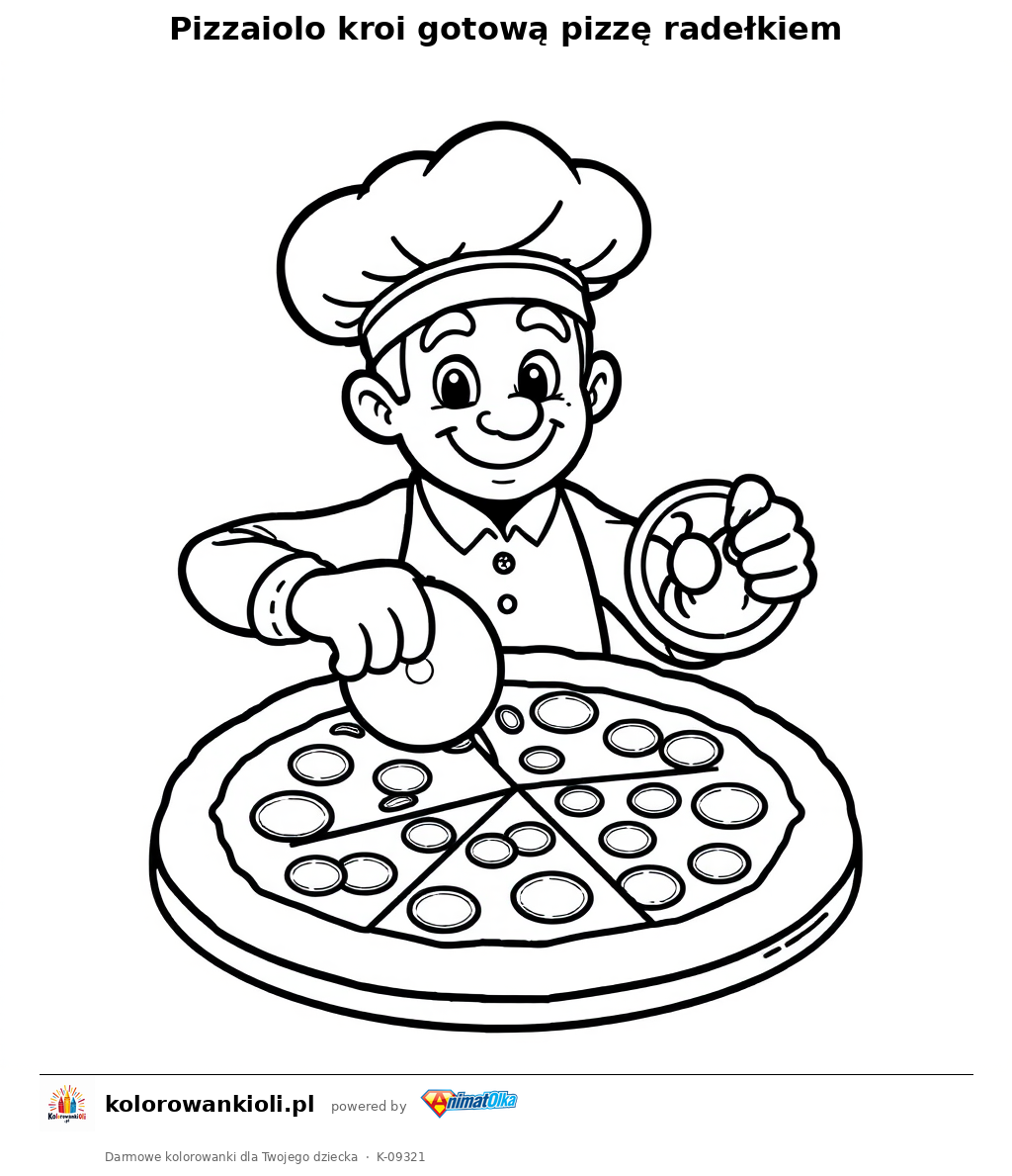 Pizzaiolo kroi gotową pizzę radełkiem — kolorowanka do wydruku dla dzieci