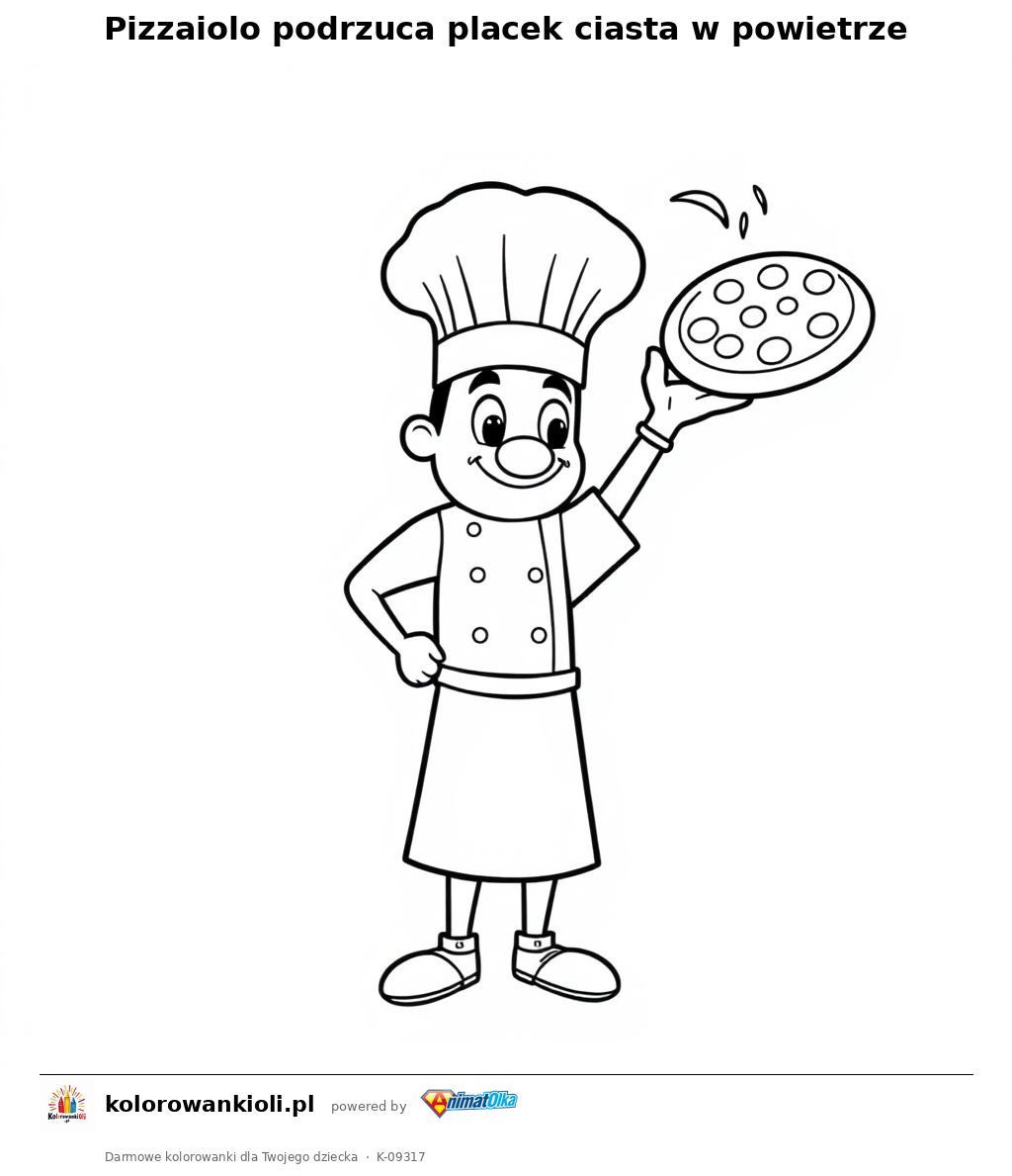 Pizzaiolo podrzuca placek ciasta w powietrze — kolorowanka do wydruku dla dzieci
