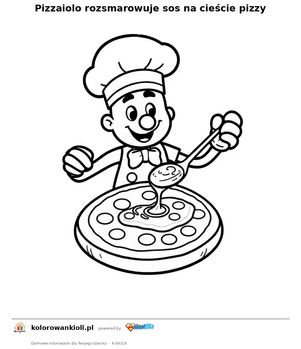 Pizzaiolo rozsmarowuje sos na cieście pizzy — kolorowanka do wydruku dla dzieci