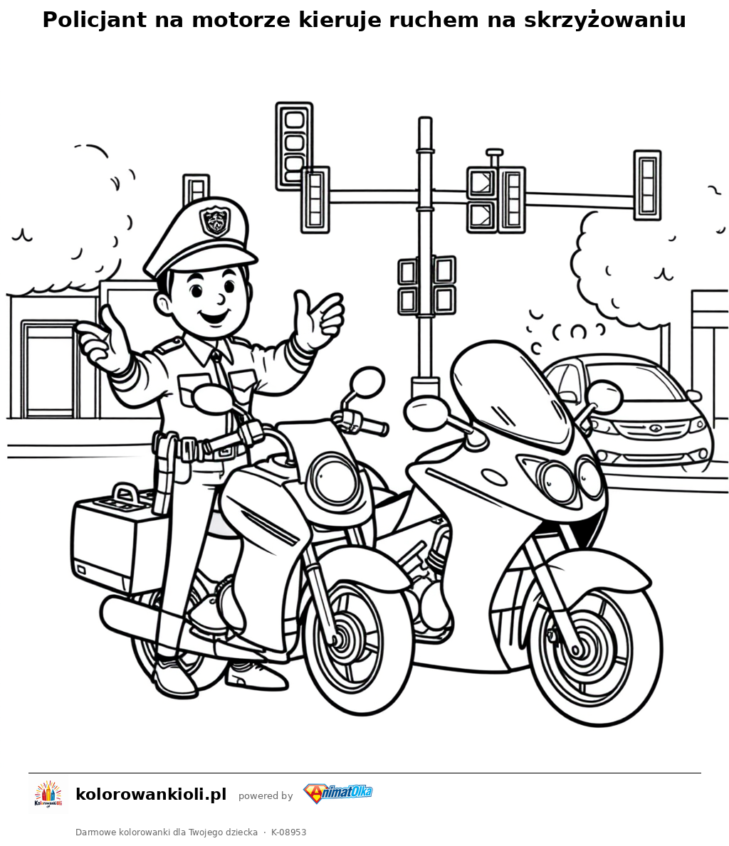 Policjant na motorze kieruje ruchem na skrzyżowaniu — kolorowanka do wydruku dla dzieci