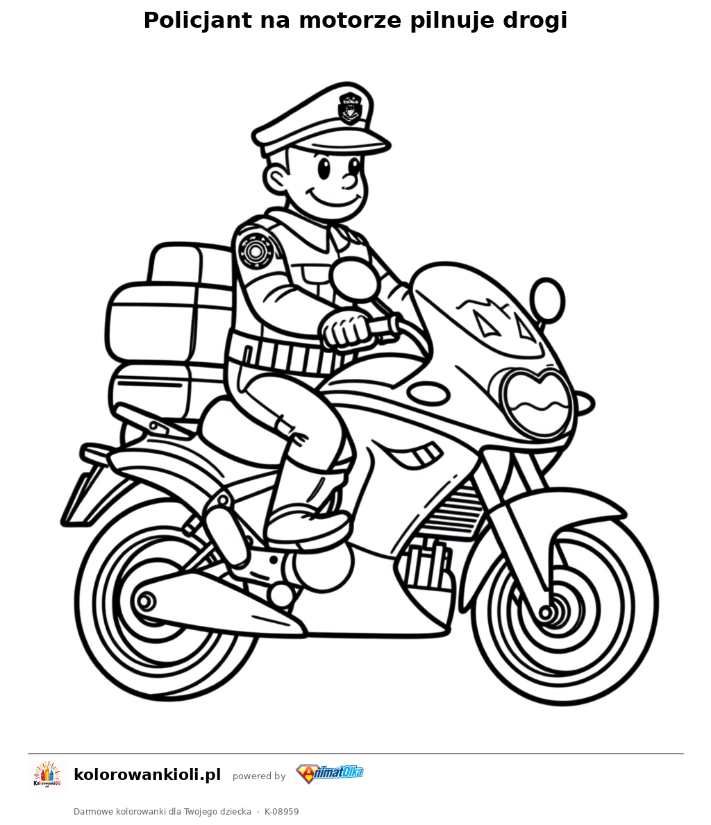 Policjant na motorze pilnuje drogi — kolorowanka do wydruku dla dzieci